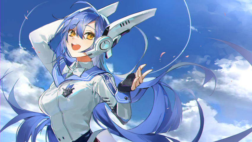 1girl :d arm_behind_head badge black_gloves blue_hair bow bowtie breasts clouds collared_shirt commentary eyebrows_visible_through_hair fingerless_gloves girls_frontline gloves hair_between_eyes highres mechanical_ears medium_breasts moko_(moko/moko) open_mouth outdoors petals shirt sky smile solo tar-21_(girls'_frontline) teeth upper_body upper_teeth white_bow white_bowtie white_shirt yellow_eyes
