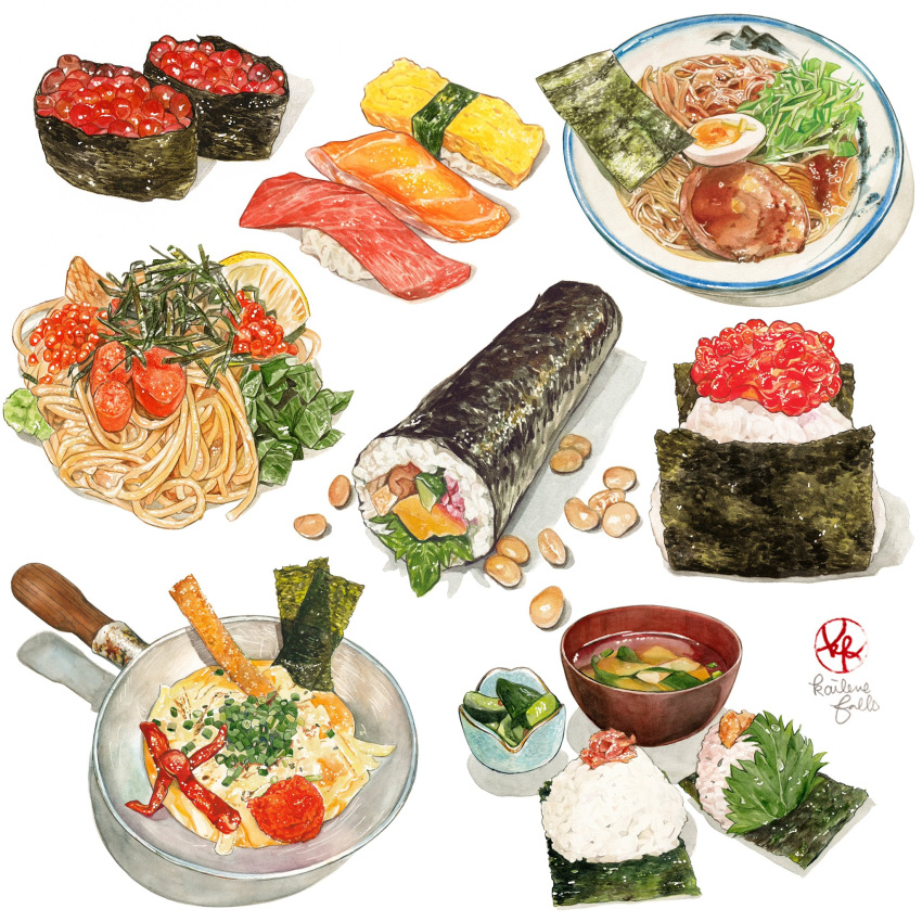 artist_logo beans bowl commentary_request egg ehoumaki english_commentary food food_focus food_request frying_pan gunkanmaki highres ikura_(food) kailene makizushi mixed-language_commentary nigirizushi no_humans nori_(seaweed) onigiri original partial_commentary plate rice sashimi signature simple_background sushi white_background