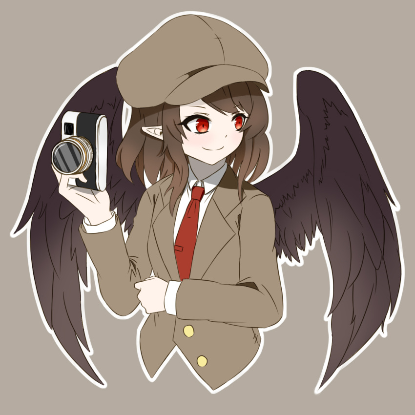 2822235299 alternate_costume arm_under_breasts beige_background bird_wings black_wings brown_hair brown_headwear brown_jacket cabbie_hat camera closed_mouth collared_shirt commentary_request feathered_wings flat_cap forbidden_scrollery happy hat highres holding holding_camera jacket long_sleeves looking_away necktie official_alternate_costume pointy_ears red_eyes red_necktie shameimaru_aya shameimaru_aya_(newsboy) shirt short_hair smile suit_jacket tengu tie_clip touhou upper_body white_shirt wings