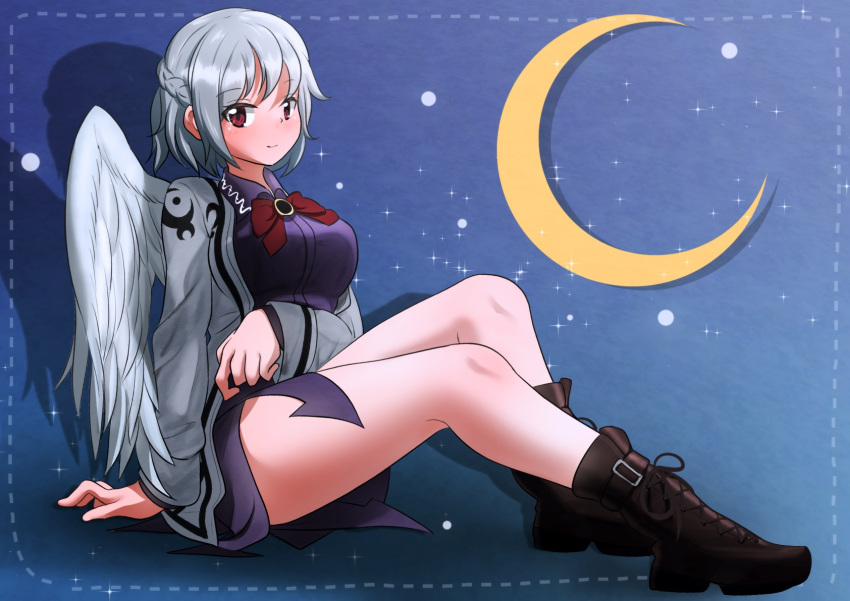 arm_under_breasts bare_legs blue_background boots bow bowtie braid breasts brown_footwear closed_mouth crescent_moon cross-laced_footwear feathered_wings french_braid full_body grey_hair happy highres jacket kishin_sagume legs long_sleeves looking_at_viewer medium_breasts moon purple_shirt purple_skirt red_bow red_bowtie red_eyes shirasagi-shi shirt short_hair single_wing sitting skirt smile touhou white_jacket white_wings wings