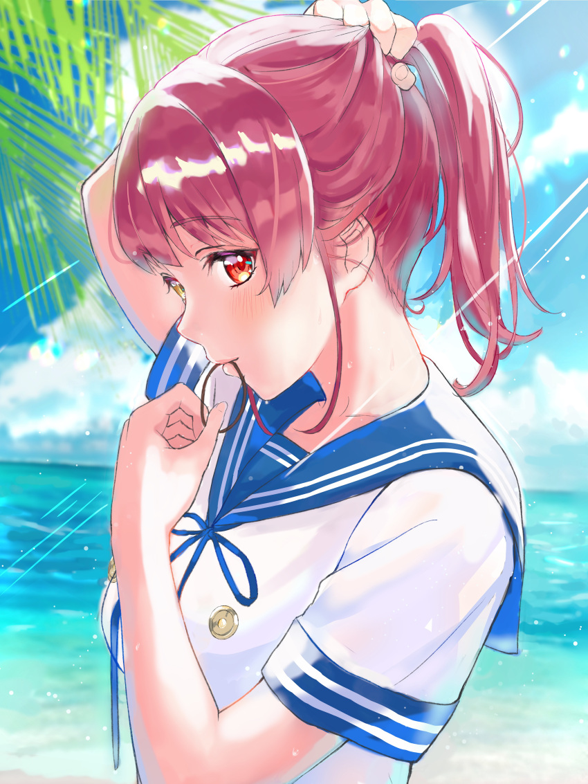 1girl absurdres alternate_costume beach blue_sky blush breasts closed_mouth clouds cloudy_sky commentary day eyebrows_visible_through_hair from_side hair_tie_in_mouth half_updo heterochromia highres hololive houshou_marine light_rays looking_at_viewer medium_breasts medium_hair mouth_hold naruse_u ocean outdoors palm_tree ponytail red_eyes redhead sailor_collar school_uniform serafuku shirt short_sleeves sky solo tree tying_hair upper_body virtual_youtuber white_shirt yellow_eyes