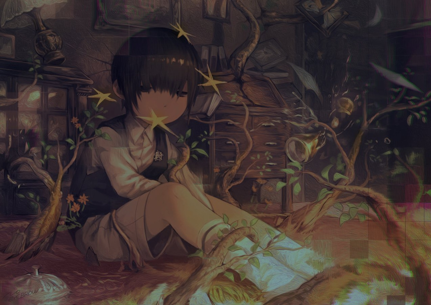 1boy child commentary_request drawer indoors looking_at_viewer noeyebrow_(mauve) original puzzle_piece short_hair shorts sitting socks star_(symbol) straight-on