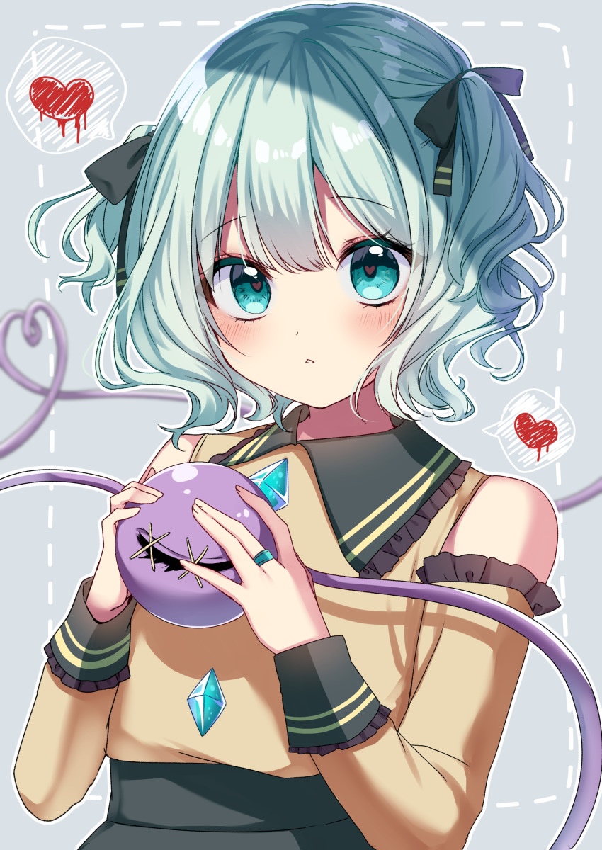 1girl \||/ absurdres adapted_costume aqua_eyes aqua_hair bangs bare_shoulders black_ribbon blush detached_sleeves eyebrows_visible_through_hair frilled_shirt_collar frills grey_background hair_ribbon hands_up heart heart-shaped_pupils highres holding komeiji_koishi long_sleeves looking_at_viewer medium_hair no_hat no_headwear outline parted_lips ribbon shinonome_asu shirt simple_background solo symbol-shaped_pupils third_eye touhou two_side_up upper_body white_outline yellow_shirt