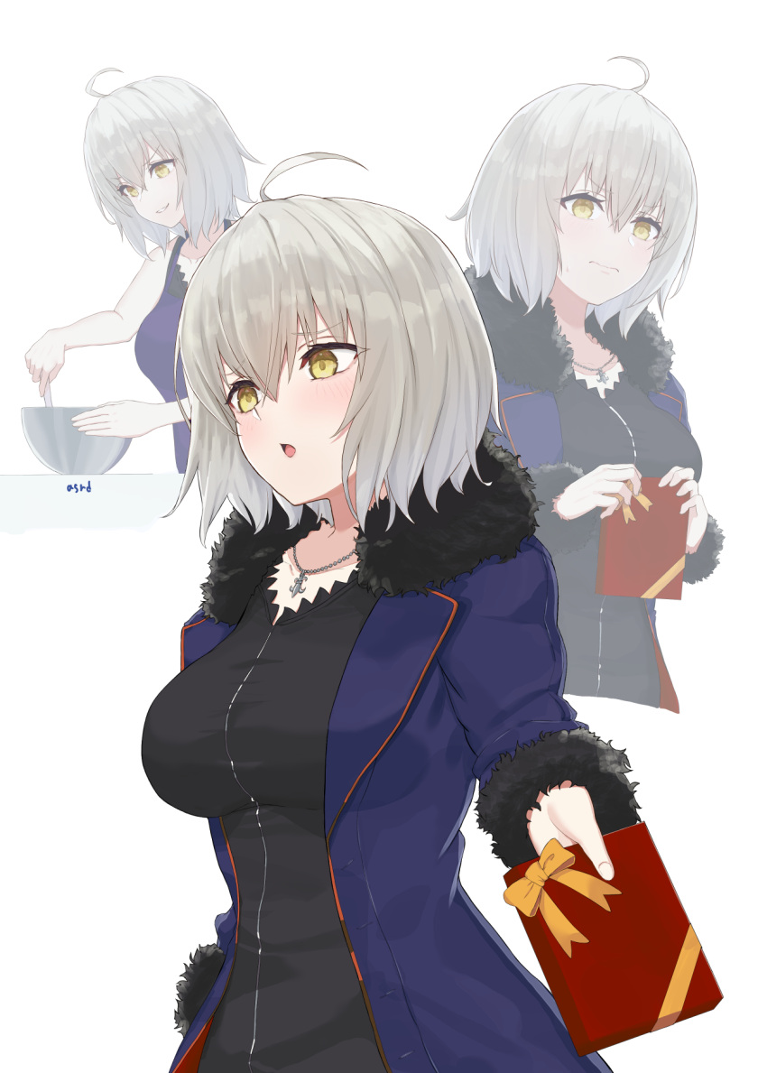 1girl ahoge asurada_yui bangs bare_shoulders black_dress blue_coat blush box breasts coat commentary_request dress fate/grand_order fate_(series) fur-trimmed_coat fur_trim gift gift_box highres jeanne_d'arc_(alter)_(fate) jeanne_d'arc_(fate) large_breasts long_sleeves multiple_views open_mouth revision short_dress short_hair silver_hair tsundere wicked_dragon_witch_ver._shinjuku_1999 yellow_eyes