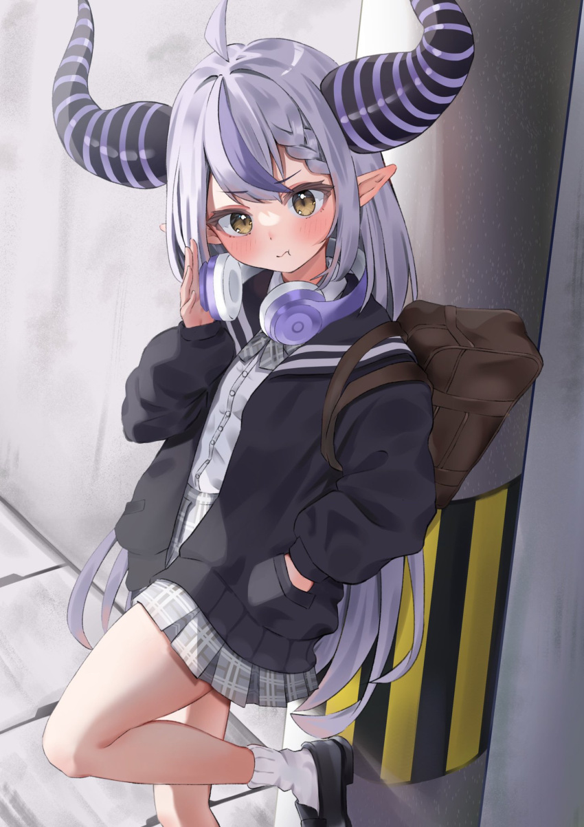 1girl ahoge alternate_costume bag bangs black_footwear black_jacket blush braid closed_mouth commentary demon_horns eyebrows_visible_through_hair grey_skirt hand_in_hair headphones headphones_around_neck highres hololive horns jacket la+_darknesss loafers long_hair looking_at_viewer multicolored_hair open_clothes open_jacket plaid plaid_skirt pleated_skirt pointy_ears pout purple_hair school_uniform shirt shoes silver_hair skirt socks solo streaked_hair taro._(tataroro_1) very_long_hair virtual_youtuber wavy_mouth white_legwear white_shirt yellow_eyes