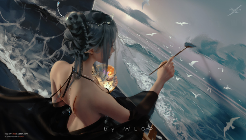 1girl artist_name backless_dress backless_outfit bird black_dress dress from_above ghostblade grey_hair hair_bun highres holding holding_paintbrush paintbrush pointy_ears princess_yan scar scar_on_back sky solo water waves wlop