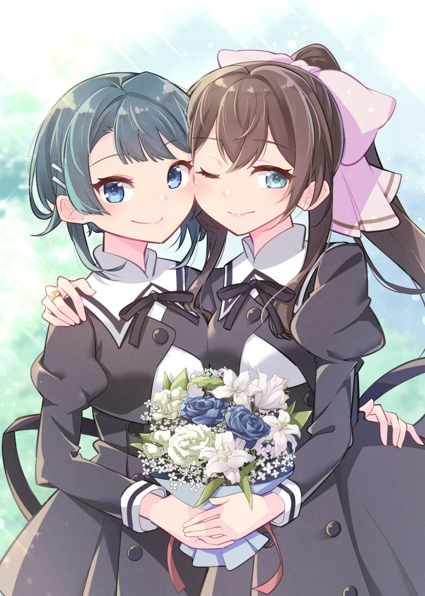 2girls ;) aizawa_kazuha aqua_eyes arm_around_shoulder arm_around_waist assault_lily bangs black_ribbon black_skirt blue_eyes blue_flower blue_hair blue_rose blurry blurry_background blush bouquet bow brown_hair buttons cheek-to-cheek closed_mouth commentary_request commission cowboy_shot cropped_jacket crossed_bangs day eyebrows_visible_through_hair flower hair_bow hair_ornament hairclip hand_on_another's_hip hand_on_another's_shoulder heads_together high-waist_skirt high_ponytail highres holding holding_bouquet holding_hands jewelry juliet_sleeves light_particles lily_(flower) long_hair long_sleeves looking_at_viewer morugen multiple_girls neck_ribbon one_eye_closed outdoors pink_bow ponytail puffy_sleeves ribbon ring rose school_uniform serizawa_chikaru short_hair side-by-side skeb_commission skirt smile standing sunlight white_flower yuri yurigaoka_girls_academy_school_uniform