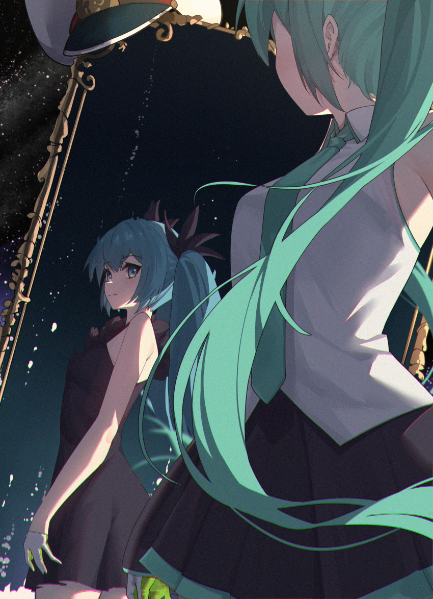 2girls absurdres aqua_eyes aqua_hair aqua_necktie black_bow black_dress black_skirt bow breasts commentary dress dual_persona english_commentary eyebrows_visible_through_hair film_grain gloves gradient_sky green_gloves hair_bow half_gloves hatsune_miku highres long_hair looking_at_another medium_breasts mirror multiple_girls necktie night night_sky pleated_skirt reflection shirt skirt sky sleeveless sleeveless_dress sleeveless_shirt smile star_(sky) two-tone_gloves very_long_hair vocaloid white_gloves white_shirt zhayin-san