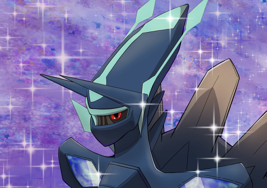 dialga dialga_(origin) diffraction_spikes headshot horns no_humans pokemon pokemon_(creature) pokemon_(game) pokemon_legends:_arceus red_eyes space sparkle starry_background yutaka_(brawl_moko)