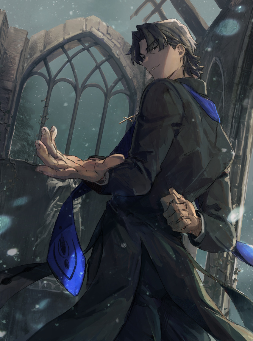 1boy absurdres arm_behind_back black_eyes black_robe brown_hair church clenched_hand commentary_request cowboy_shot empty_eyes fate/stay_night fate_(series) grey_sky highres kotomine_kirei looking_at_viewer looking_back male_focus outdoors outstretched_hand priest robe ruins short_hair smile solo tuto_(mokuchin09)