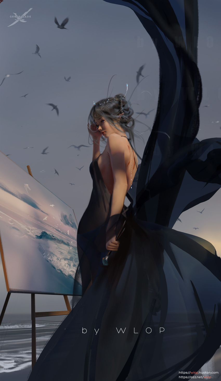 1girl artist_name backless_dress backless_outfit bare_shoulders bird black_dress breasts dress evening_gown ghostblade grey_hair highres jewelry necklace ocean painting_(object) princess_yan scar scar_on_back sideboob solo standing tiara water waves wlop