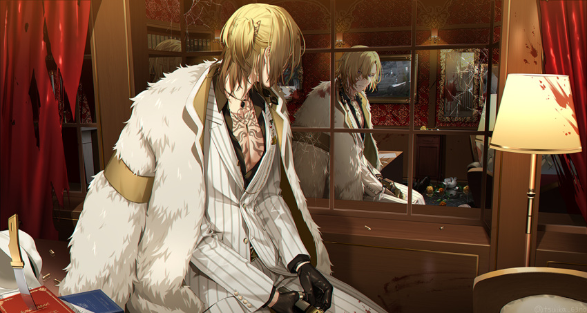 1boy black_gloves blonde_hair blood blood_on_clothes blood_on_face book chest_tattoo coat coat_on_shoulders collared_jacket commentary cracked_glass curtains feet_out_of_frame fur_coat gloves grey_jacket grey_pants hair_over_one_eye indoors jacket jewelry knife lamp luca_kaneshiro male_focus necklace nijisanji nijisanji_en pants partially_unbuttoned picture_(object) reflection short_hair short_ponytail side_ponytail sitting solo striped striped_jacket striped_pants tattoo torn_curtains tsuika_63no virtual_youtuber window