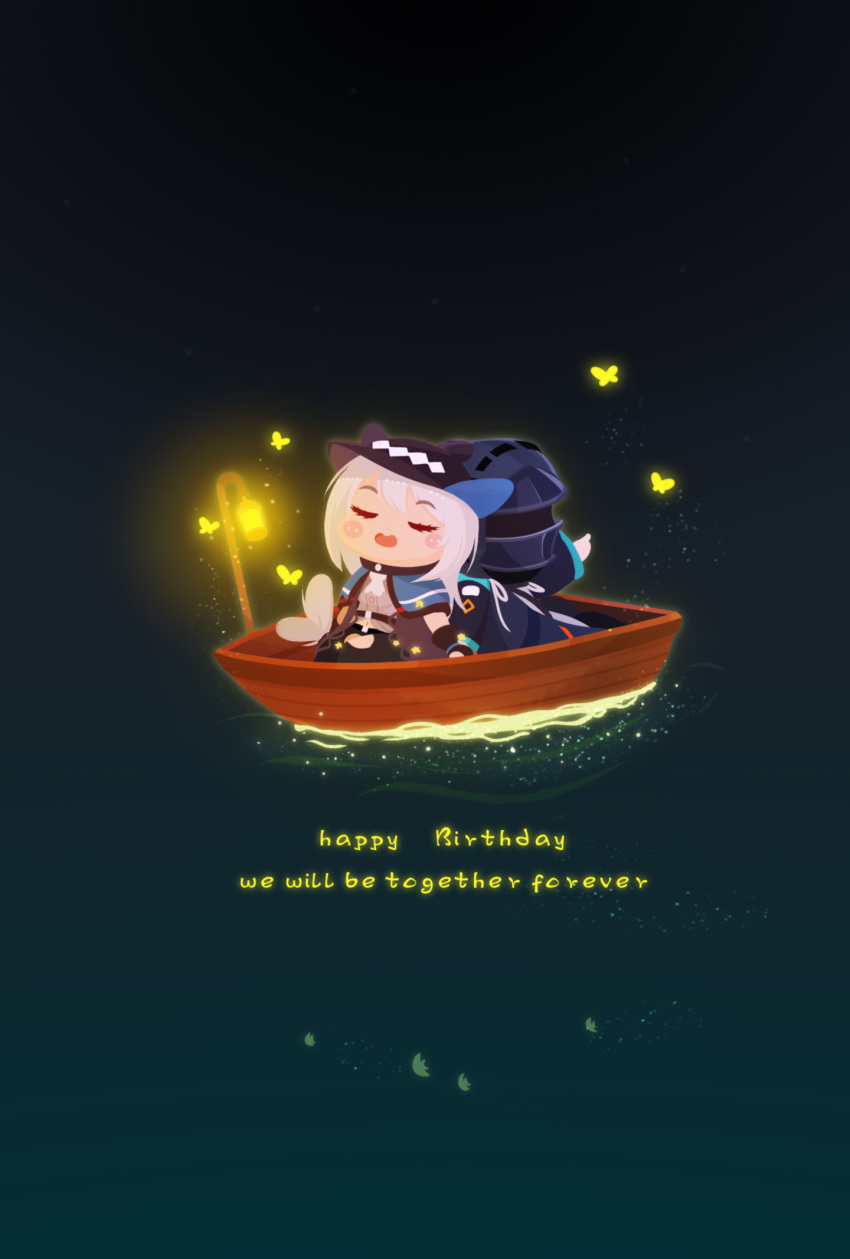 1girl 1other animal arknights black_jacket blush_stickers boat bug butterfly closed_eyes commentary_request doctor_(arknights) english_text happy_birthday highres hood hood_up hooded_jacket jacket lantern lieyan_huangzi long_sleeves open_mouth outstretched_arm pointing shirt skadi_(arknights) water watercraft white_shirt
