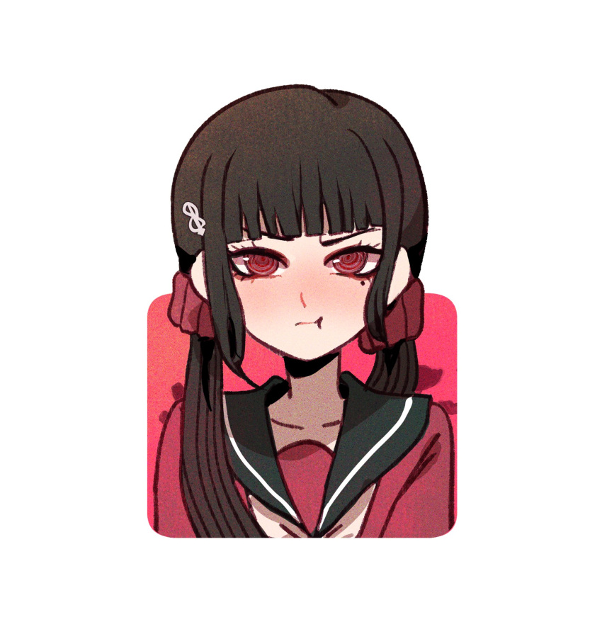 1girl bangs black_sailor_collar blush collarbone crowssant danganronpa_(series) danganronpa_v3:_killing_harmony grey_background hair_ornament hair_scrunchie hairclip harukawa_maki highres low_twintails mole mole_under_eye portrait pout red_eyes red_scrunchie red_shirt sailor_collar scrunchie second-party_source shirt solo twintails