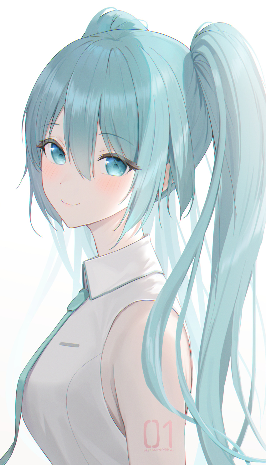 1girl 39 absurdres aqua_eyes aqua_hair aqua_necktie bare_shoulders blush breasts closed_mouth collared_shirt eyebrows_visible_through_hair from_side hair_between_eyes hatsune_miku highres hiroserii long_hair looking_at_viewer medium_breasts necktie shirt simple_background sleeveless sleeveless_shirt smile solo tattoo twintails upper_body vocaloid white_shirt wing_collar