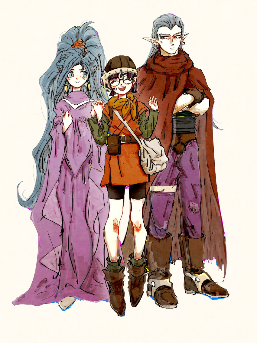 1boy 2girls amakekke bag beige_background belt black_shorts blue_hair blush brown_footwear brown_gloves cape chrono_trigger closed_eyes crossed_arms dress frown glasses gloves green_shirt hairband hat highres holding_hands long_dress long_hair looking_at_another lucca_ashtear magus_(chrono_trigger) multiple_girls open_mouth orange_hairband orange_shirt pants pointy_ears ponytail purple_hair purple_pants purple_robe red_cape schala_zeal shirt short_hair shorts simple_background sketch smile very_long_hair