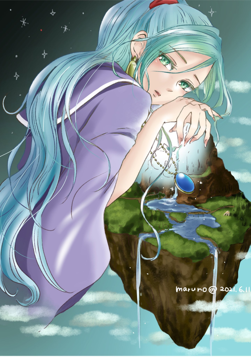 1girl artist_name blue_hair chrono_trigger clouds dated earrings floating_island green_eyes hairband highres jewelry long_hair looking_at_viewer maruno necklace open_mouth pendant ponytail purple_robe red_hairband schala_zeal sky solo solo_focus