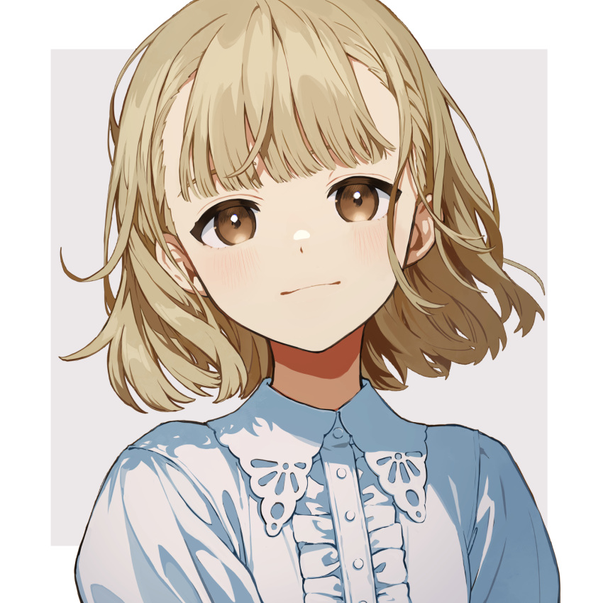 1girl :| bangs blunt_bangs border brown_eyes buttons closed_mouth collared_shirt eyebrows_hidden_by_hair frilled_shirt frills grey_background hanamoto highres light_brown_hair light_smile looking_at_viewer original outside_border shirt short_hair solo upper_body white_border white_shirt