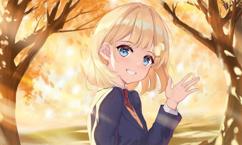 1girl alternate_costume autumn_leaves black_jacket blazer blonde_hair blue_eyes blush commentary day eyebrows_visible_through_hair from_side gear_hair_ornament grin hair_intakes highres hololive hololive_english jacket light_rays long_sleeves looking_at_viewer necktie outdoors red_necktie scenery school_uniform shirt short_hair smile solo striped_necktie sunlight tree upper_body usabo01 vest virtual_youtuber watson_amelia waving white_shirt yellow_vest