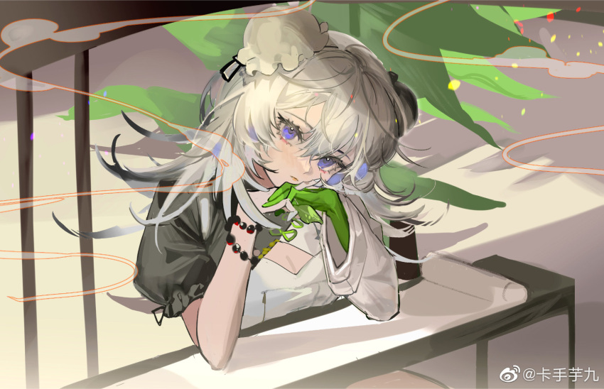 1girl arknights bead_bracelet beads black_shirt bracelet bun_cover cleavage_cutout clothing_cutout double_bun gloves green_gloves grey_hair hair_between_eyes head_rest head_tilt highres jewelry ka_shou_yu_jiu looking_at_viewer mulberry_(plant_crude_drug)_(arknights) official_alternate_costume plant shirt single_glove solo two-tone_shirt upper_body violet_eyes weibo_username white_shirt
