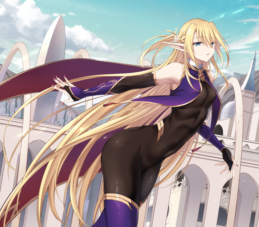 1girl absurdres bangs bare_shoulders blonde_hair blue_eyes blue_legwear blue_sky blue_vest blush bodystocking braid breasts bridal_gauntlets cape covered_navel detached_sleeves elf french_braid highres ijima_yuu jewelry long_hair looking_at_viewer medium_breasts neck_ring original pointy_ears sky solo thigh-highs thighs two_side_up vest