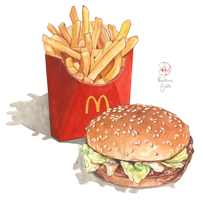 artist_logo burger commentary food food_focus french_fries highres kailene mcdonald's no_humans shadow signature simple_background white_background