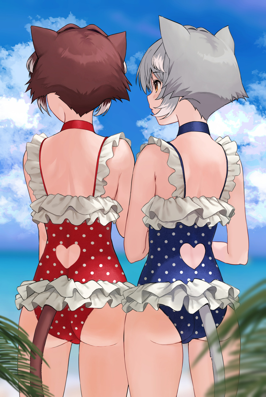 2girls absurdres animal_ears ass bare_arms bare_shoulders blue_choker blue_sky blue_swimsuit blush brown_eyes brown_hair casual_one-piece_swimsuit cat_ears cat_girl cat_tail choker closed_mouth clothing_cutout clouds cowboy_shot day frilled_swimsuit frills heart_cutout highres kirarin369 multicolored_hair multiple_girls ocean one-piece_swimsuit outdoors polka_dot polka_dot_swimsuit red_choker red_swimsuit short_hair silver_hair sky swimsuit tail tail_through_clothes two-tone_hair white_hair