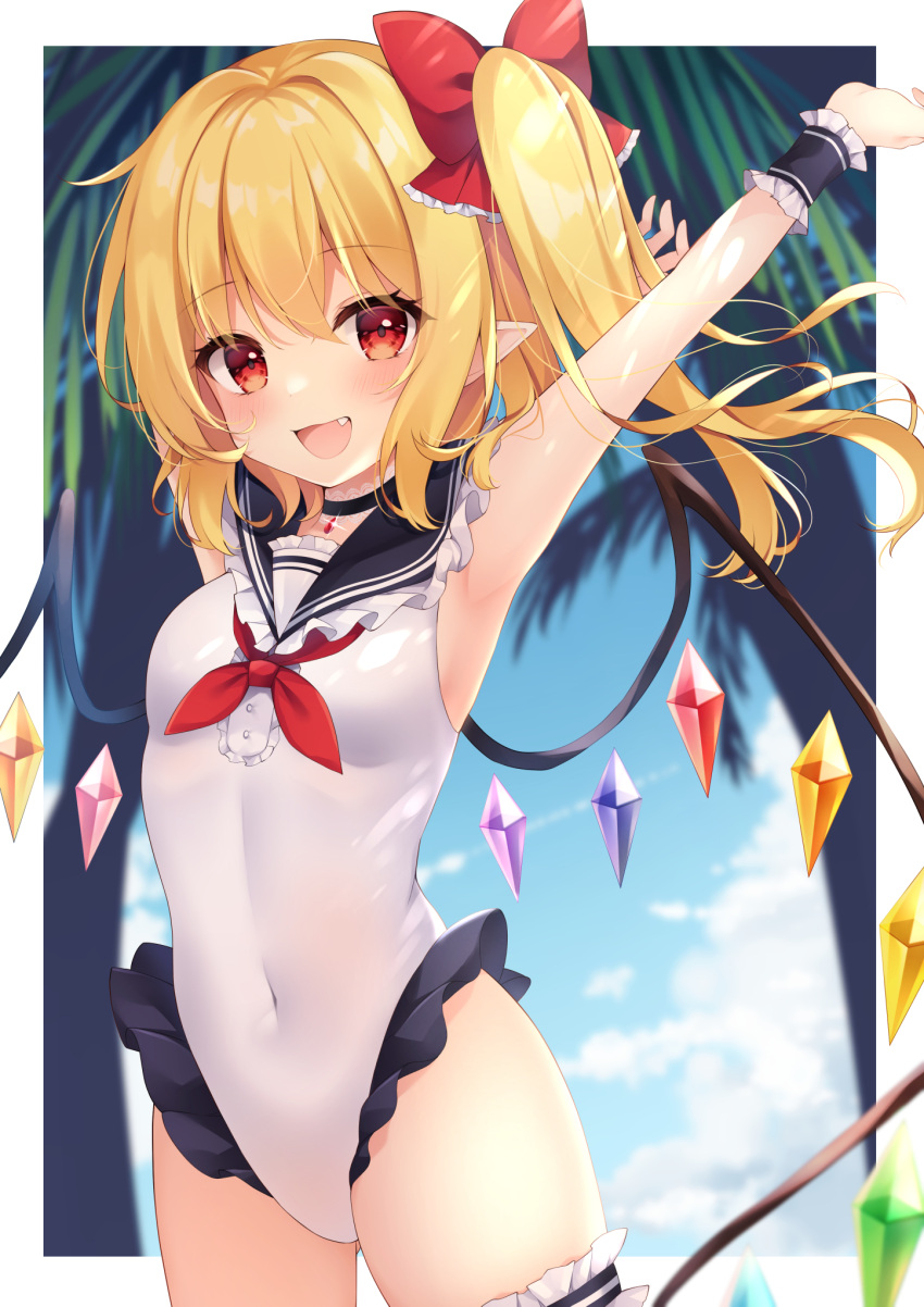 1girl :d arm_up armpits bangs black_sailor_collar blonde_hair blue_sky bow clouds commentary_request crystal day eyebrows_visible_through_hair fang flandre_scarlet hair_bow highleg highleg_swimsuit highres looking_at_viewer miy@ one-piece_swimsuit palm_tree pointy_ears red_bow red_eyes sailor_collar short_hair side_ponytail sky smile solo swimsuit touhou tree white_swimsuit wings wrist_cuffs