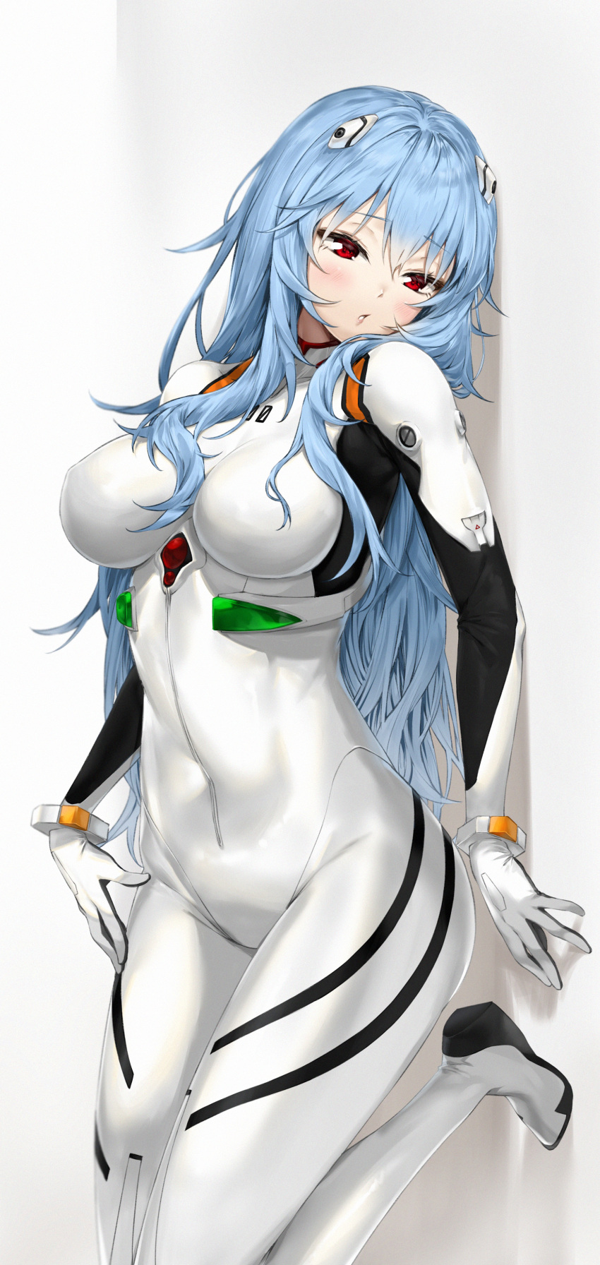1girl absurdres ayanami_rei blue_hair bodysuit breasts covered_navel evangelion:_3.0+1.0_thrice_upon_a_time hairpods highres interface_headset long_hair medium_breasts neon_genesis_evangelion official_alternate_hair_length pixel_(yuxian) plugsuit rebuild_of_evangelion red_eyes skin_tight solo standing standing_on_one_leg very_long_hair white_bodysuit