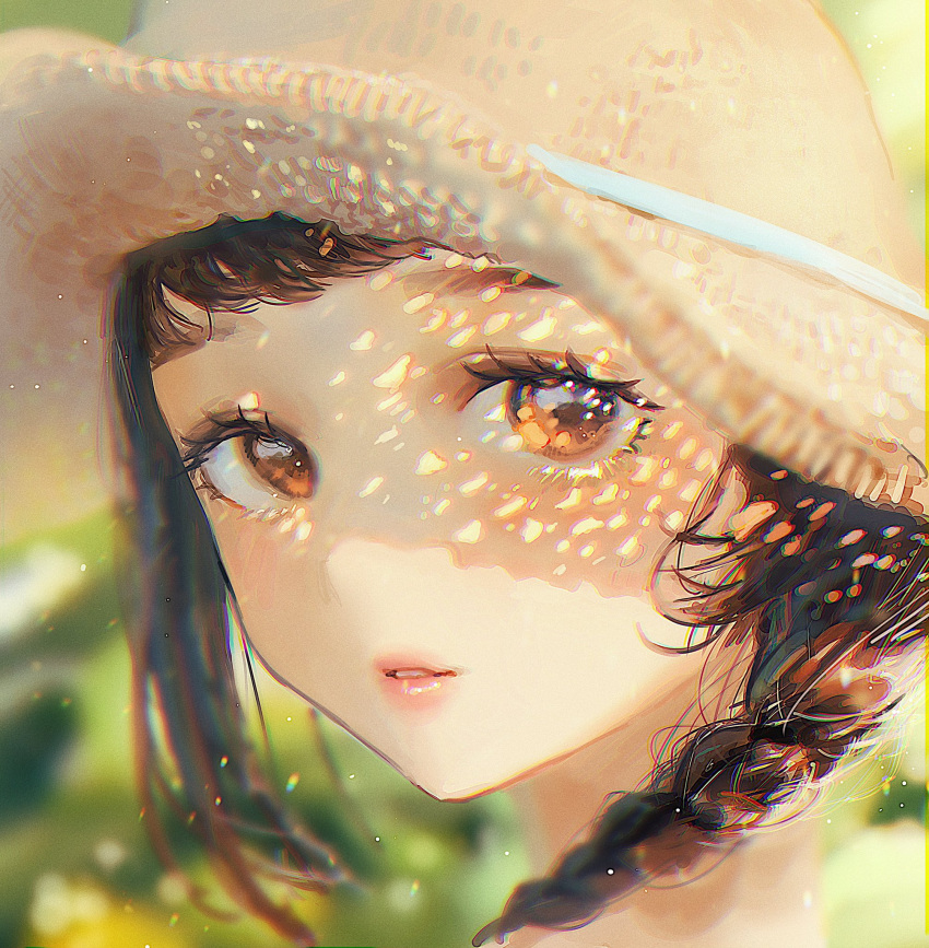 1girl blurry blurry_background braid brown_eyes brown_hair brown_headwear face hat highres light_particles lips long_hair looking_at_viewer original parted_lips portrait single_braid solo sun_hat tsukiiro
