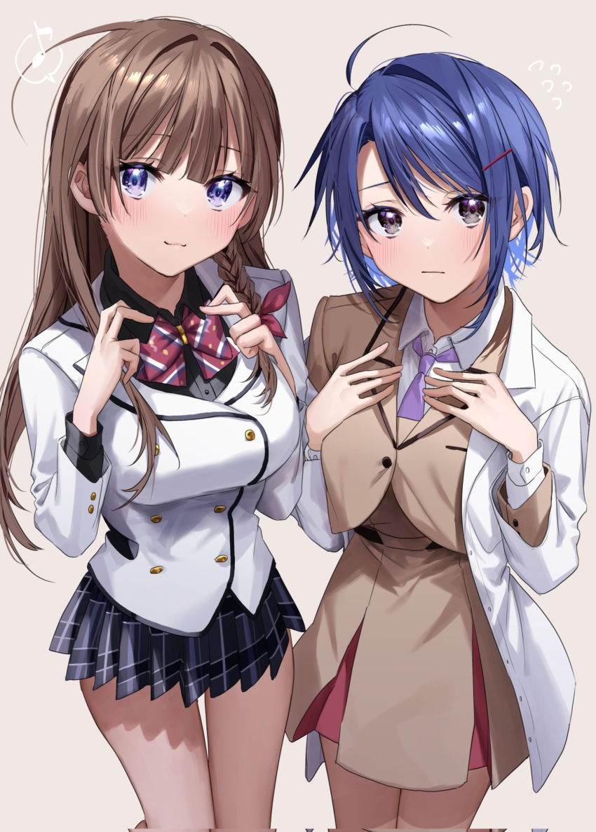 2girls adjusting_bow black_shirt blazer blue_eyes blue_hair blush bow bowtie braid breasts brown_hair brown_jacket brown_skirt buttons chigusa_minori collared_shirt commentary_request cowboy_shot cuffs double-breasted eyebrows_visible_through_hair hair_ornament hairclip hands_on_own_chest highres jacket labcoat large_breasts long_hair looking_at_viewer medium_breasts miniskirt multiple_girls necktie original plaid plaid_bow plaid_bowtie plaid_skirt purple_necktie school_uniform shirt short_hair skirt smile white_jacket white_shirt