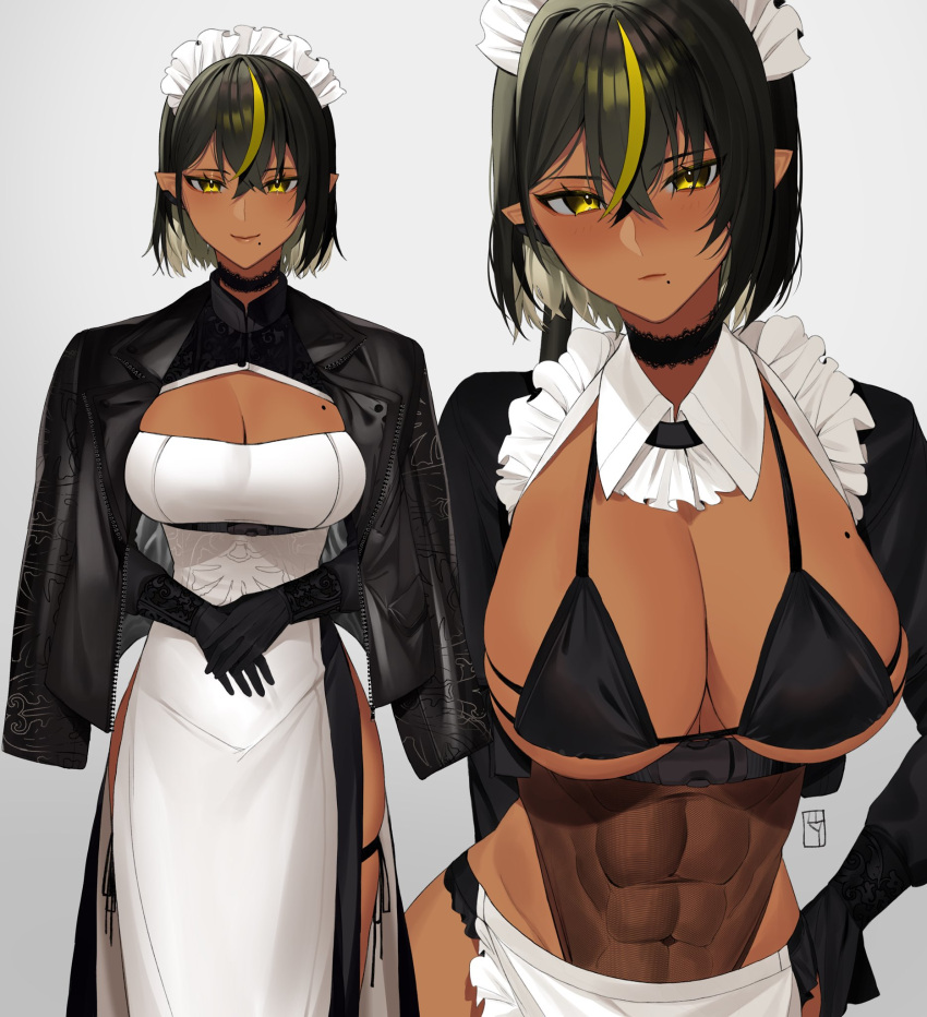 1girl abs apron bikini black_hair blonde_hair breasts choker commentary covered_navel dark-skinned_female dark_skin dress english_commentary eyebrows_visible_through_hair gloves grey_background hair_between_eyes highres jacket large_breasts lilith_(lilycious) lilycious looking_at_viewer maid maid_apron maid_bikini maid_headdress mole mole_on_breast mole_under_mouth multicolored_hair muscular muscular_female original pointy_ears short_hair simple_background smile solo streaked_hair swimsuit two-tone_hair watermark yellow_eyes