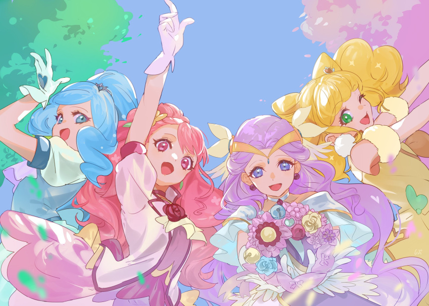 4girls blonde_hair blue_eyes blue_hair blue_sky blue_vest choker cure_earth cure_fontaine cure_grace cure_sparkle dress earrings flower forest gloves green_eyes hair_cones hair_ornament hanadera_nodoka head_wings healin'_good_precure heart heart_hair_ornament highres hiramitsu_hinata jewelry leaf_earrings magical_girl multiple_girls nature one_eye_closed open_mouth pink_choker pink_eyes pink_hair pom_pom_(clothes) pom_pom_earrings precure purple_hair sawaizumi_chiyu shipu_(gassyumaron) sky smile split_ponytail tiara tree vest violet_eyes white_gloves yellow_choker yellow_vest