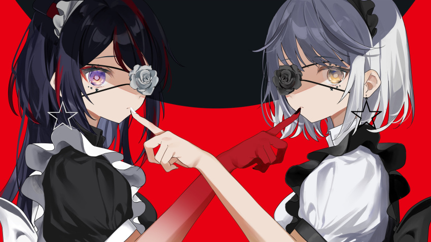 2girls absurdres apron black_apron black_bra black_dress black_flower black_hair bra brown_eyes character_request check_character chika_(vocaloid) commentary_request dress earrings eyepatch facial_mark flower flower_over_eye frilled_apron frills gradient_skin grey_flower highres jewelry long_hair looking_at_viewer maid maid_apron maid_headdress mikanoisi multiple_girls nail_polish one_eye_covered qualia_qu re:act red_background red_skirt short_hair short_sleeves silver_hair simple_background skirt star_(symbol) star_earrings star_facial_mark underwear upper_body violet_eyes virtual_youtuber white_apron white_dress white_nails