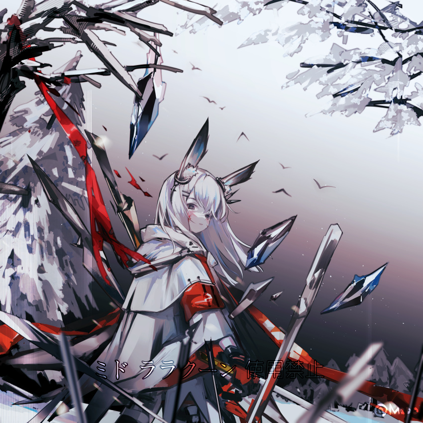1girl absurdres animal_ear_fluff animal_ears arknights armband bird black_gloves blood blood_on_face coat ear_ornament from_behind frostnova_(arknights) gloves grey_eyes highres leaf looking_at_viewer looking_back mido_(mido_chen) originium_(arknights) outdoors rabbit_ears red_ribbon ribbon snow solo tree white_coat winter