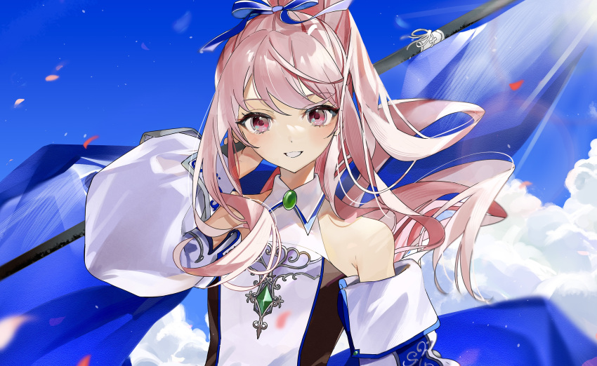 1girl akiyama_mizuki bare_shoulders blue_flag blue_ribbon blue_sky commentary_request detached_sleeves flag green_brooch hair_ribbon highres holding holding_flag long_hair looking_at_viewer mikanoisi parted_lips pink_eyes pink_hair ponytail project_sekai ribbon shirt sky sleeveless sleeveless_shirt smile solo upper_body white_shirt white_sleeves