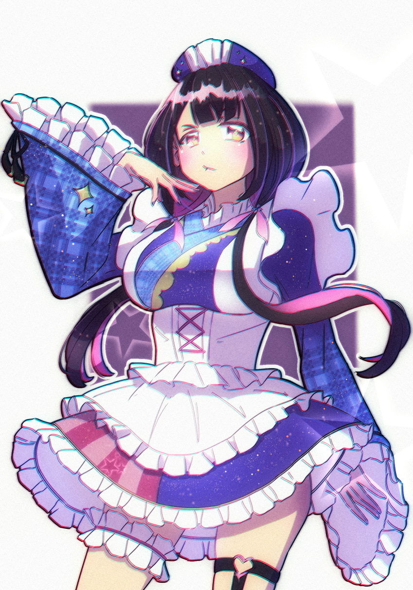 1girl apron black_hair black_ribbon blue_headwear blue_kimono blue_skirt blush breasts chromatic_aberration collar colored_inner_hair flower frilled_apron frilled_collar frilled_kimono frilled_skirt frilled_sleeves frills gradient_eyes hair_flower hair_ornament hair_ribbon hand_on_own_cheek hand_on_own_face headwear_request heart_ring highres hina_misora japanese_clothes kimono kimono_skirt large_breasts lolita_fashion long_hair looking_at_viewer low-tied_long_hair maid_apron multicolored_clothes multicolored_eyes multicolored_hair multicolored_skirt o-ring o-ring_legwear o-ring_thigh_strap pink_eyes pink_hair pink_ribbon pink_skirt pout ribbon ribbon-trimmed_sleeves ribbon_trim shiny shiny_hair skirt solo star_(symbol) star_print streaked_hair thigh_strap trebas two-tone_hair v-shaped_eyebrows virtual_youtuber wa_lolita wactor_production white_apron wide_sleeves yellow_eyes