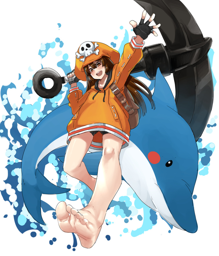 1girl anchor anchor_symbol animal arm_up backpack bag bangs bare_legs barefoot bike_shorts black_gloves blush blush_stickers brown_hair dolphin eiji_(eiji) feet fingerless_gloves foreshortening full_body gloves guilty_gear guilty_gear_strive hair_between_eyes hat highres holding jacket long_hair long_sleeves looking_at_viewer may_(guilty_gear) mr._dolphin_(guilty_gear) open_mouth orange_eyes orange_headwear orange_jacket pirate_hat simple_background skull_and_crossbones solo tattoo toes white_background