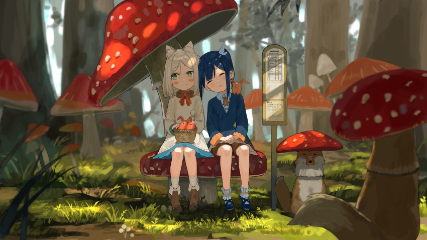 2girls absurdres animal_ear_fluff animal_on_shoulder ankle_boots bare_legs blue_dress blue_footwear blue_hair blush boots brown_footwear closed_eyes commentary dress forest fox full_body grass green_eyes grey_hair head_on_another's_shoulder highres looking_to_the_side mary_janes multiple_girls mushroom mushroom_on_head nature original road_sign scenery sen_(sennosenn1127) shoes short_hair sign sitting socks tree white_dress white_legwear yuri