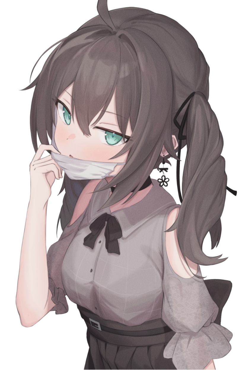1girl absurdres ahoge bangs black_ribbon blue_eyes blush bow bowtie breasts brown_bow brown_bowtie brown_choker brown_hair brown_skirt choker clothing_cutout earrings grey_shirt hair_between_eyes hair_ribbon high-waist_skirt highres hololive jewelry long_hair looking_at_viewer mask mask_pull mouth_mask natsuiro_matsuri ribbon shirt short_sleeves shoulder_cutout simple_background skirt solo twintails up_(osk50217) upper_body virtual_youtuber white_background