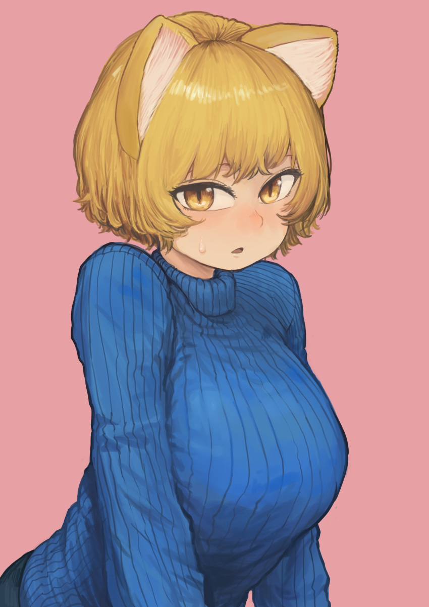 1girl absurdres animal_ears arms_at_sides bangs blonde_hair blue_sweater blush breasts chanta_(ayatakaoisii) commentary_request cowboy_shot eyebrows_behind_hair fox_ears highres large_breasts leaning_forward looking_at_viewer nose_blush open_mouth parted_hair pink_background ribbed_sweater short_hair simple_background slit_pupils solo sweatdrop sweater touhou yakumo_ran yellow_eyes