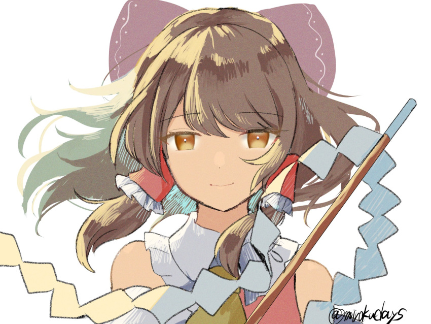 1girl ascot bangs bare_shoulders bow brown_hair commentary_request gohei hair_bow hair_tubes hakurei_reimu highres looking_at_viewer medium_hair mirokudays one-hour_drawing_challenge red_bow red_shirt shirt simple_background smile solo touhou twitter_username upper_body white_background wind yellow_ascot yellow_eyes