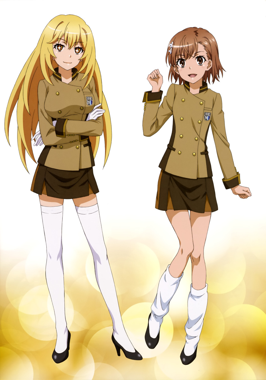 2girls :d absurdres alternate_costume black_footwear blonde_hair brown_eyes brown_hair brown_jacket brown_skirt closed_mouth crossed_arms full_body gloves high_heels highres jacket kneehighs long_hair long_sleeves looking_at_viewer miniskirt misaka_mikoto multiple_girls open_mouth pumps shiny shiny_hair shokuhou_misaki short_hair skirt smile standing straight_hair symbol-shaped_pupils thigh-highs toaru_kagaku_no_railgun toaru_majutsu_no_index ueda_mineko very_long_hair white_gloves white_legwear