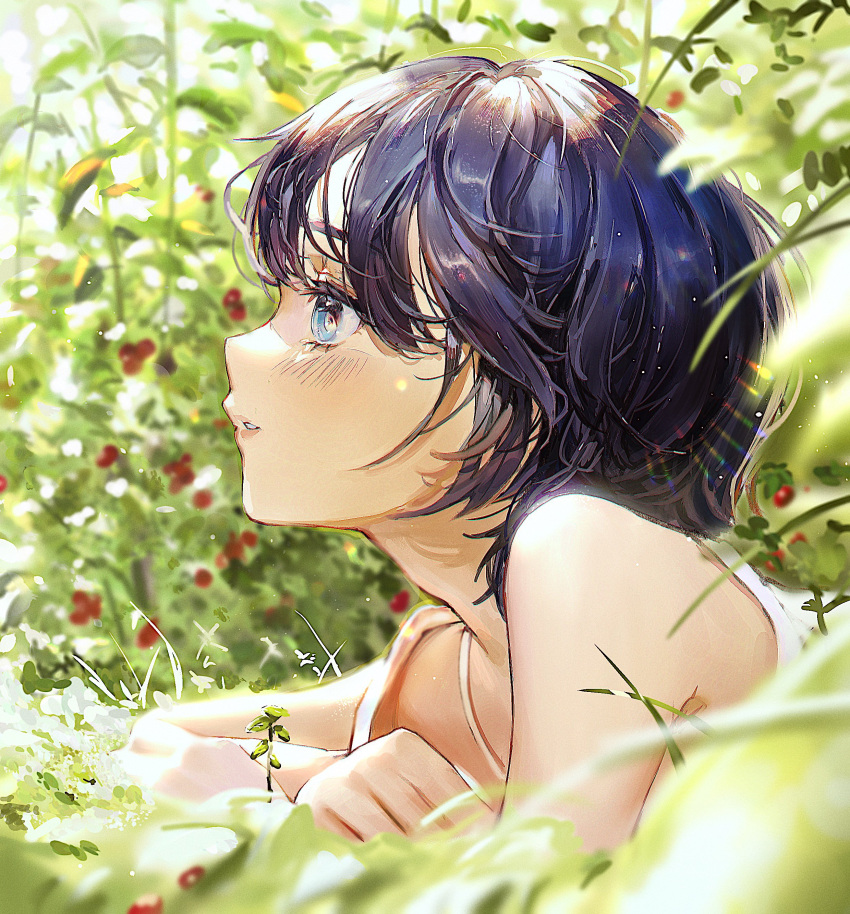 1girl absurdres blue_eyes blurry blurry_background blurry_foreground bush camisole day flower grass highres leaf light_blush light_particles lying on_stomach original outdoors parted_lips profile red_flower short_hair solo tsukiiro upper_body violet_eyes white_camisole