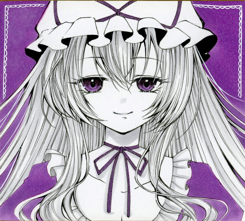 1girl bangs bow bowtie breasts closed_mouth collarbone commentary_request dress eyebrows_visible_through_hair eyes_visible_through_hair framed frills grey_hair hair_between_eyes hat hat_bow highres long_hair looking_at_viewer marker_(medium) medium_breasts mob_cap puffy_short_sleeves puffy_sleeves purple_background purple_bow purple_bowtie purple_dress purple_theme short_sleeves simple_background smile solo touhou traditional_media upper_body violet_eyes white_headwear yakumo_yukari yuuki_hana_(jtnp5334)