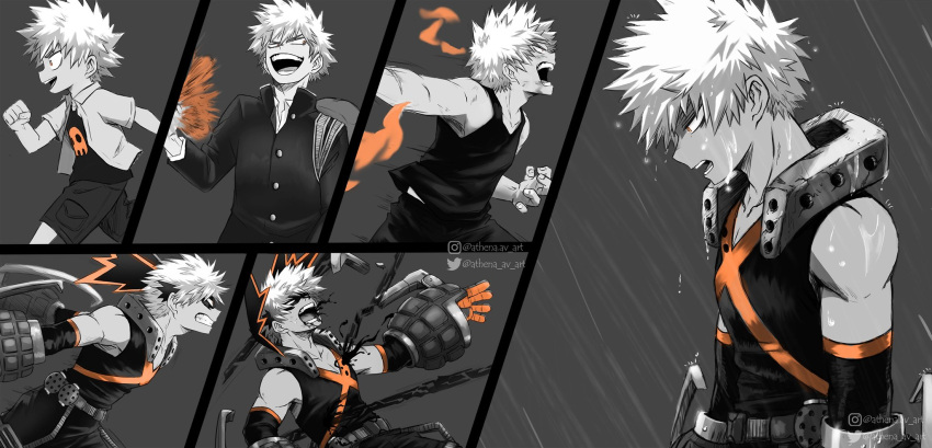 1boy age_progression artist_name athena_av backpack bag bakugou_katsuki bare_shoulders belt black_shirt blood blood_from_mouth boku_no_hero_academia child clenched_hand clenched_teeth commentary english_commentary explosion eye_mask from_side gakuran grey_background highres instagram_username looking_to_the_side lower_teeth male_focus multiple_views open_clothes open_mouth open_shirt orange_eyes pants print_shirt rain running school_uniform shirt short_hair shorts simple_background smile spiky_hair spot_color tank_top teeth twitter_username upper_teeth water wet_face