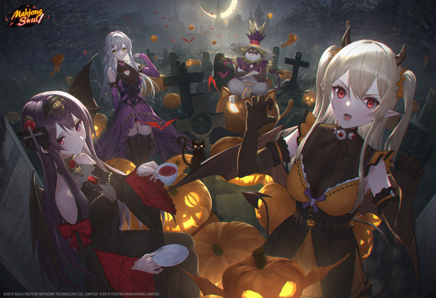 1boy 3girls bat bat_wings black_cat black_hair blonde_hair bow castle cat crescent crescent_moon cross crossed_arms crossed_legs cup demon_tail fisheye furry gem ghost halloween highres jack-o'-lantern jewelry long_hair looking_at_viewer mahjong_soul moon multiple_girls necklace necktie night nikaidou_miki official_art open_mouth red_bow red_eyes saucer scarecrow silver_hair tail teacup thigh-highs tombstone twintails vampire wanjirou wings xenia yagi_yui yellow_eyes yostar