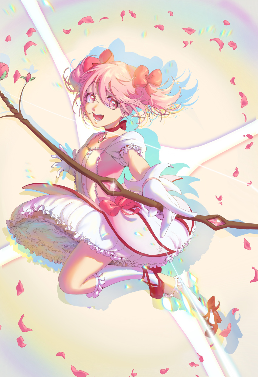 1girl absurdres arrow_(projectile) bow_(weapon) bubble_skirt choker crossbow drawing_bow edwin-kun gloves highres holding holding_bow_(weapon) holding_weapon kaname_madoka kneehighs looking_at_viewer magical_girl mahou_shoujo_madoka_magica open_mouth pink_eyes pink_hair short_hair short_twintails simple_background skirt smile solo twintails weapon white_gloves white_legwear