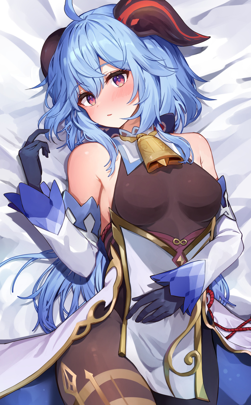 1girl absurdres ahoge bangs bare_shoulders bed_sheet bell black_gloves blue_hair blush breasts brown_bodysuit commentary_request cowboy_shot detached_sleeves eyebrows_visible_through_hair ganyu_(genshin_impact) genshin_impact gloves hair_between_eyes hand_up highres horns long_hair long_sleeves looking_at_viewer lying medium_breasts on_back parted_lips racchi. red_eyes solo upper_body very_long_hair white_sleeves