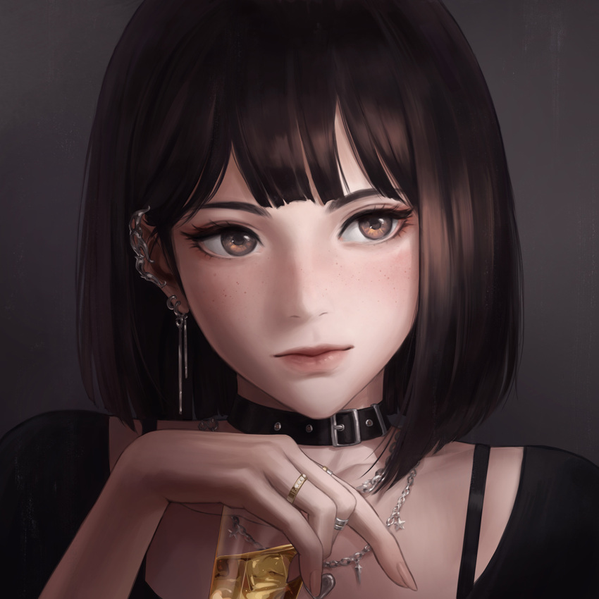 1girl bangs black_choker black_shirt brown_eyes brown_hair choker closed_mouth cup drink ear_piercing expressionless face fingernails grey_background hand_up highres holding holding_cup ice ice_cube jewelry lips looking_away looking_to_the_side necklace nuker_(nukerdraws) original piercing ring shirt simple_background solo upper_body wall